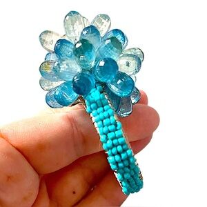 Beautiful Turquoise Blue Hues Set/ 4 Beaded Napkin Rings Beachy Decor